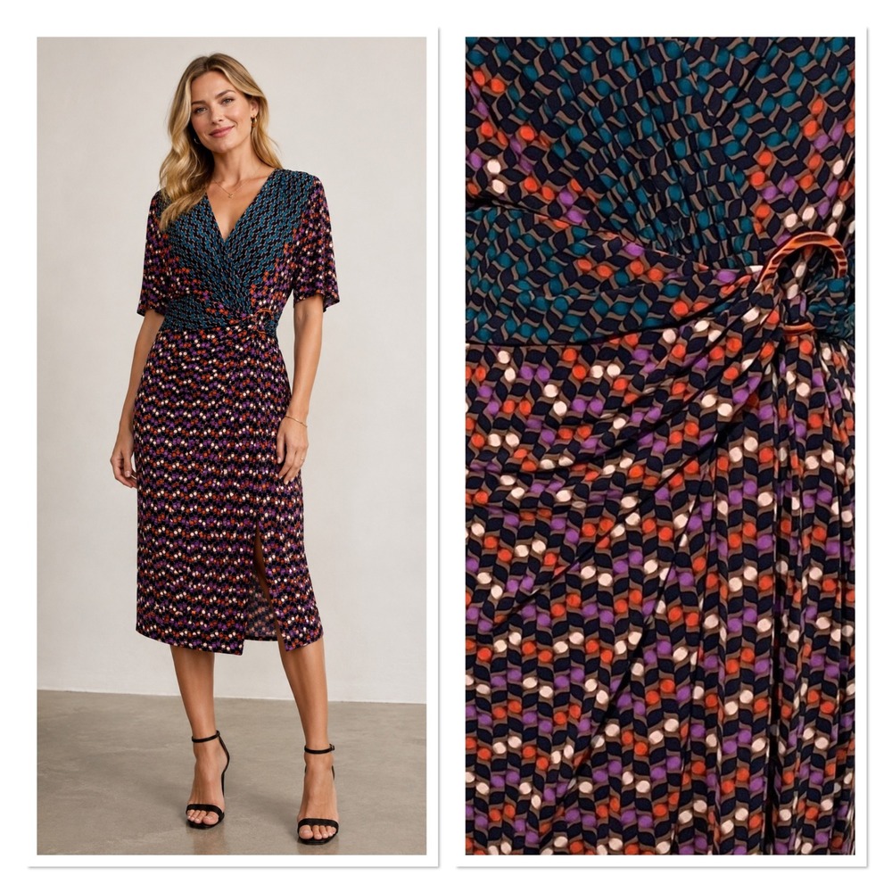 NEW Jones New York Geometric Faux Wrap Belt Sheath Dress Career Retro Stretch 16